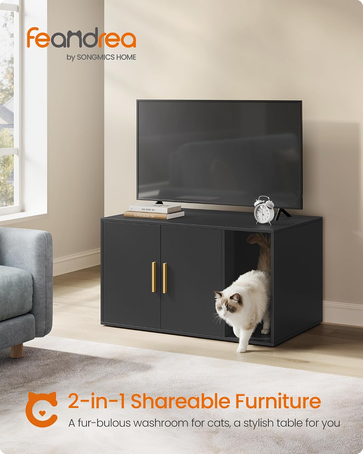 Feandrea Cat Litter Box Enclosure, Double Doors, 31.5 x 19.7 x 17.7 Inches | Modern Hidden Litter Box Furniture, Indoor Pet House, Side End Table, Ink Black, CUSTOS Collection UPCL020BC01S