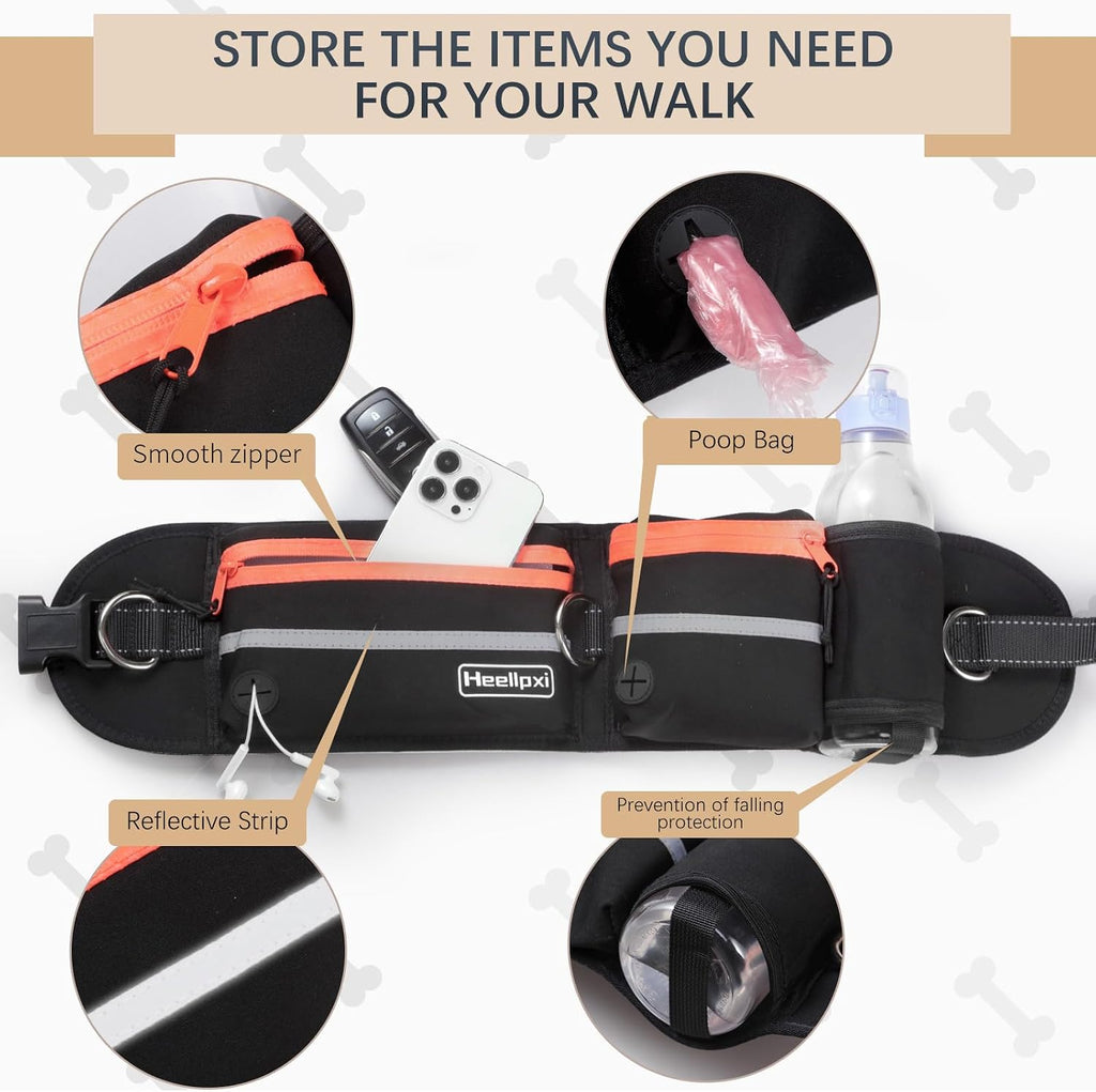 Hands-Free Waist Leash with Pouch for Two Dogs: Reflective Stitching, Dual Handle & Bungee Retractable Design – Ideal for Medium to Large Dogs (Orange) – Dog Walking Accessories