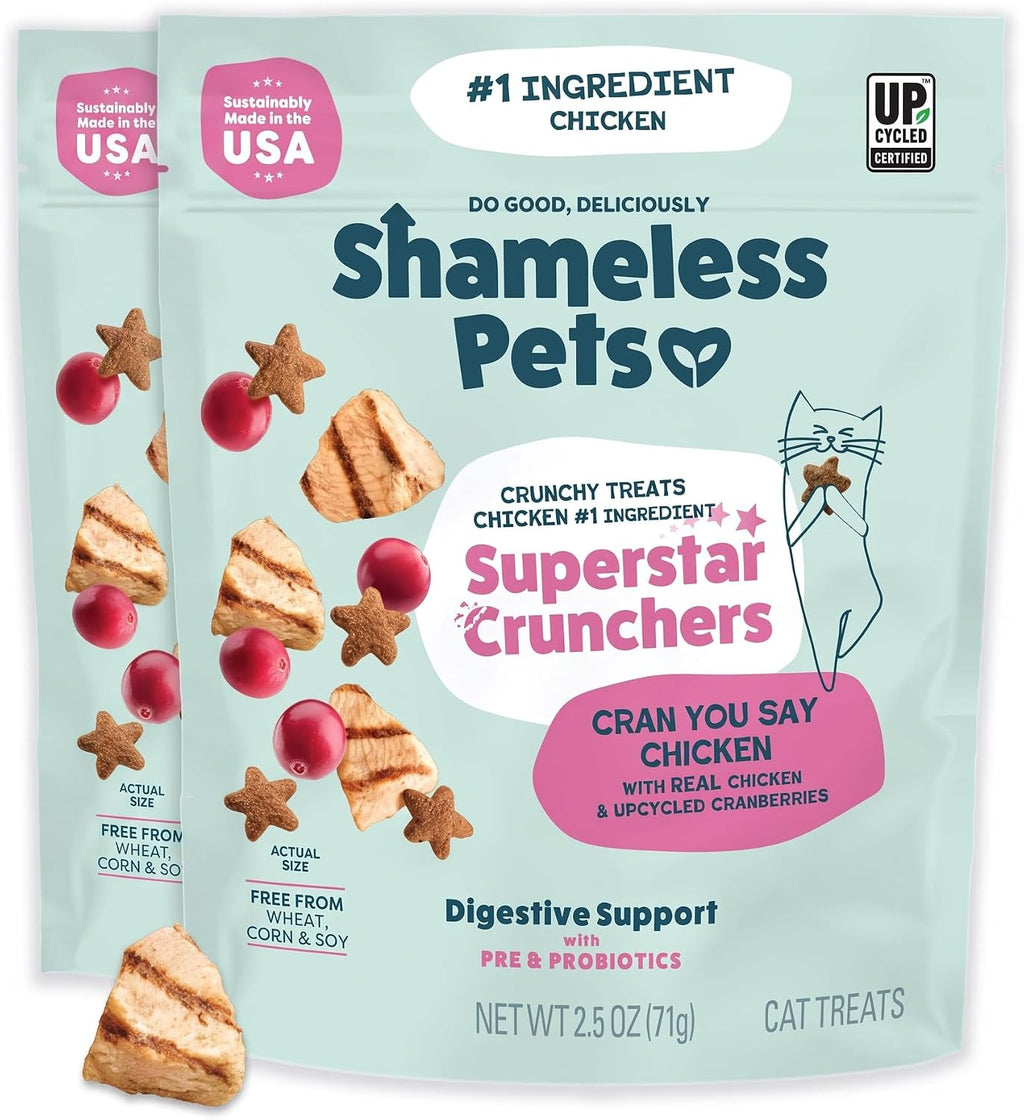 Shameless Pets Crunchy Cat, Natural Kitty Treats for Cats with Digestive Support with Real Chicken, Healthy Flavored Feline Snacks - Cran You Say Chicken (Pack of 2)