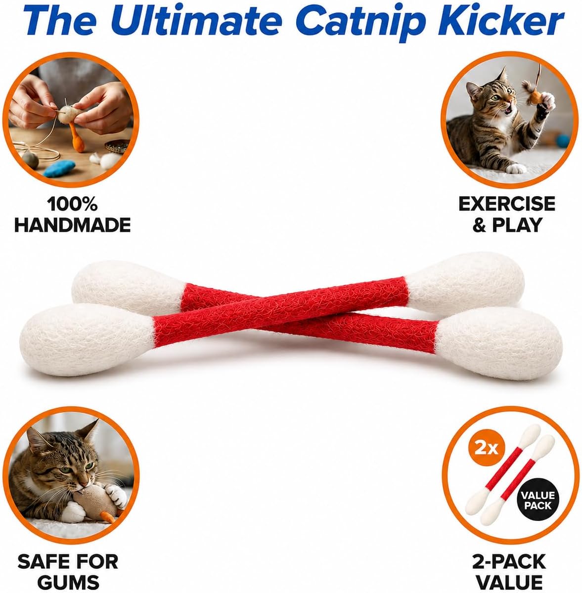 Glaciart One XXL Swabs Cat Toys with Catnip - 2 Pk | Durable for Chew, Cute Cat Toys Interactive Kitty for Boredom, Exercise, & Play | Filled w/Organic Catnip for Anxiety & as Digestive Aid