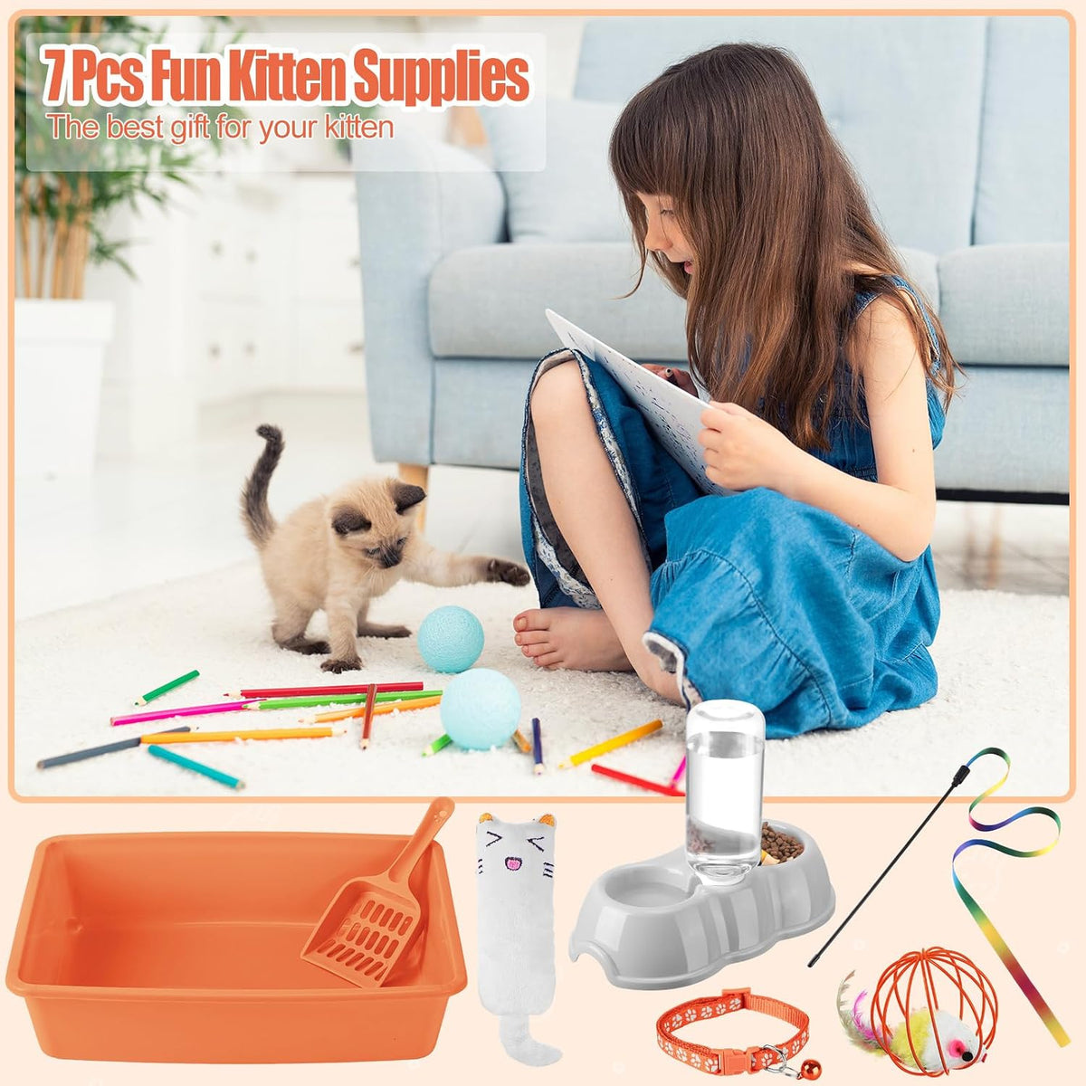 Tioncy 7 Pcs Kitten Litter Box Starter Kit with Mat, Simple, Orange