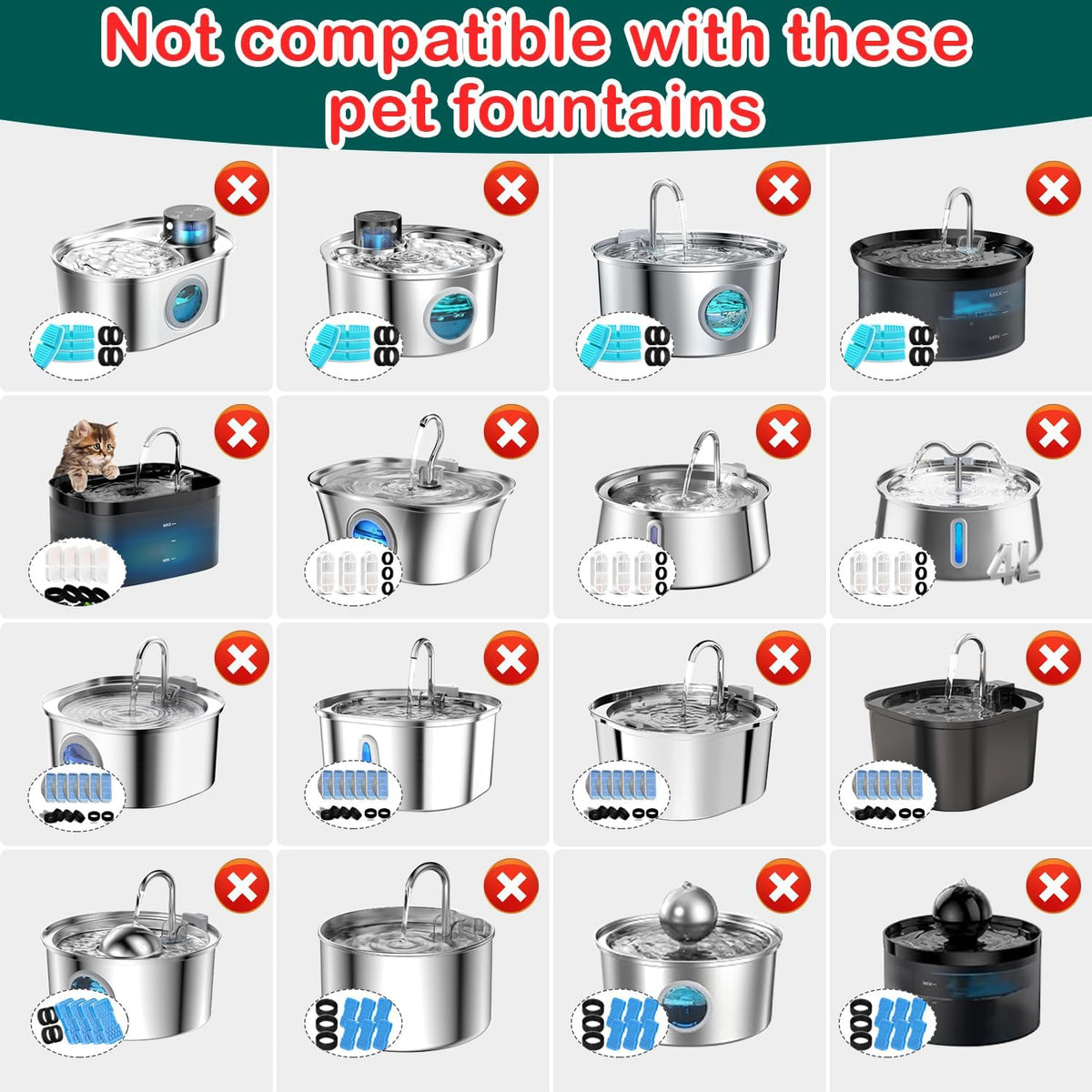 Cat Water Fountain Filter 8Pcs Fit 101oz/3L Stainless Steel Pet Fountain