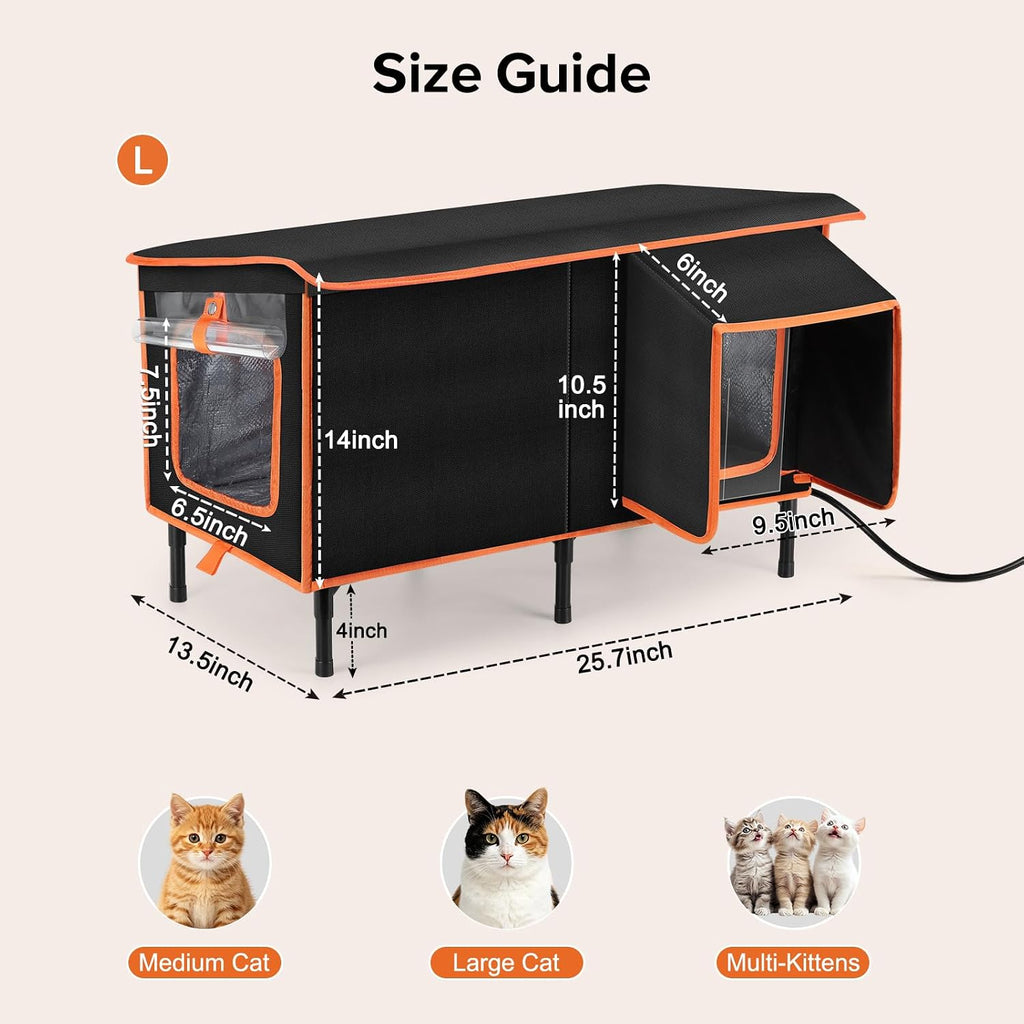 Heated Cat House for Outside in Winter, Weatherproof Outdoor Cat House with Cat Heating Pad, Waterproof &Safe Escape Door, Insulated Cat Shelter with Heater for Feral Barn Cats Kitty (Black, L)