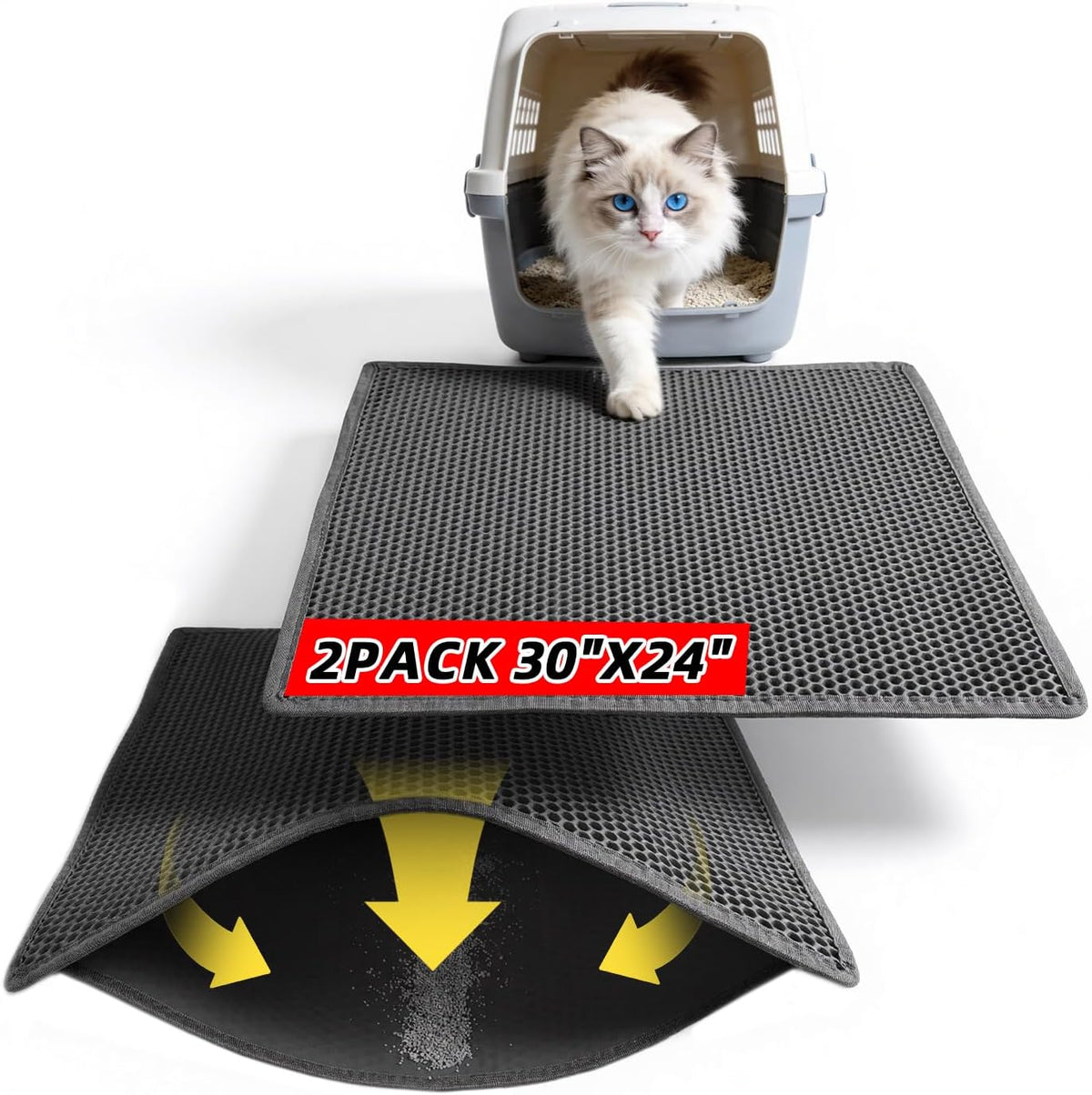 Cat Litter Mat, 30"x24", Waterproof, Easy to Clean (Black-1Pack) | Double-Layer Honeycomb for Effective Litter Trapping, Premium Durable EVA, Non-Slip, Paw-Friendly Soft Surface