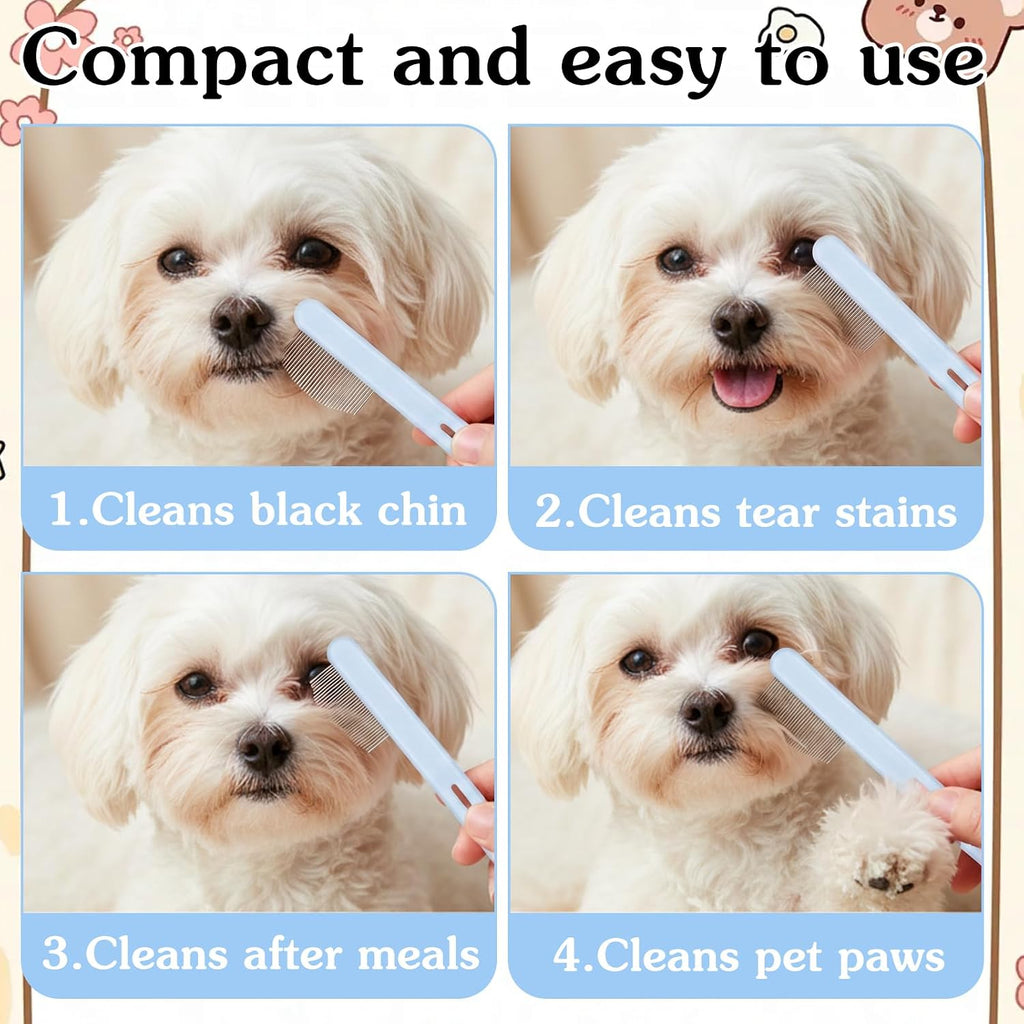 Stainless Steel Dog Eye Comb, Pet Facial Grooming Comb, Dog Flea Combs, Round-Tip Arc Teeth, Stress-free Tear Stain Remover for Dogs & Cats Fit Yorkie, Shih Tzu, Maltese Maltipoo Pomeranian (Blue)