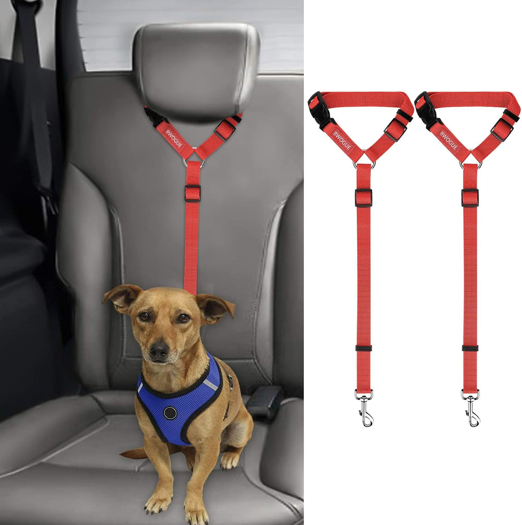 BWOGUE 2 Pack Dog Seat Belt for Car, Headrest Restraint Safety Strap, Red