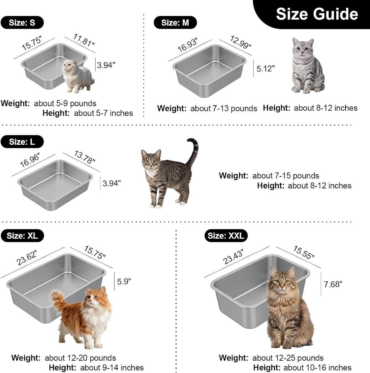 XX-Large High Sided Stainless Steel Cat Litter Box | Sturdy Metal, Odor-free, Cat Litter Non-stick and Easy to Clean, Ideal for Indoor Cats, Kittens and Multicat Houses