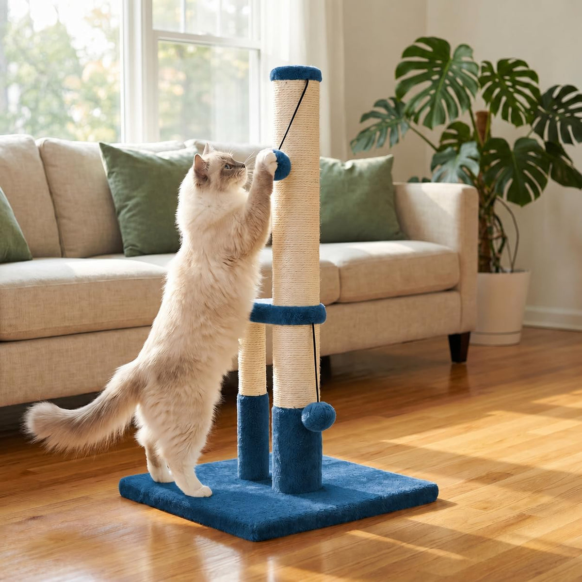 Dimaka Tall Cat Scratching Post, Double Lower Posts Extra Stable Cat Post Tree Scratcher with Sisal Rope and Teasing 4 Balls Total Large Base (Blue)