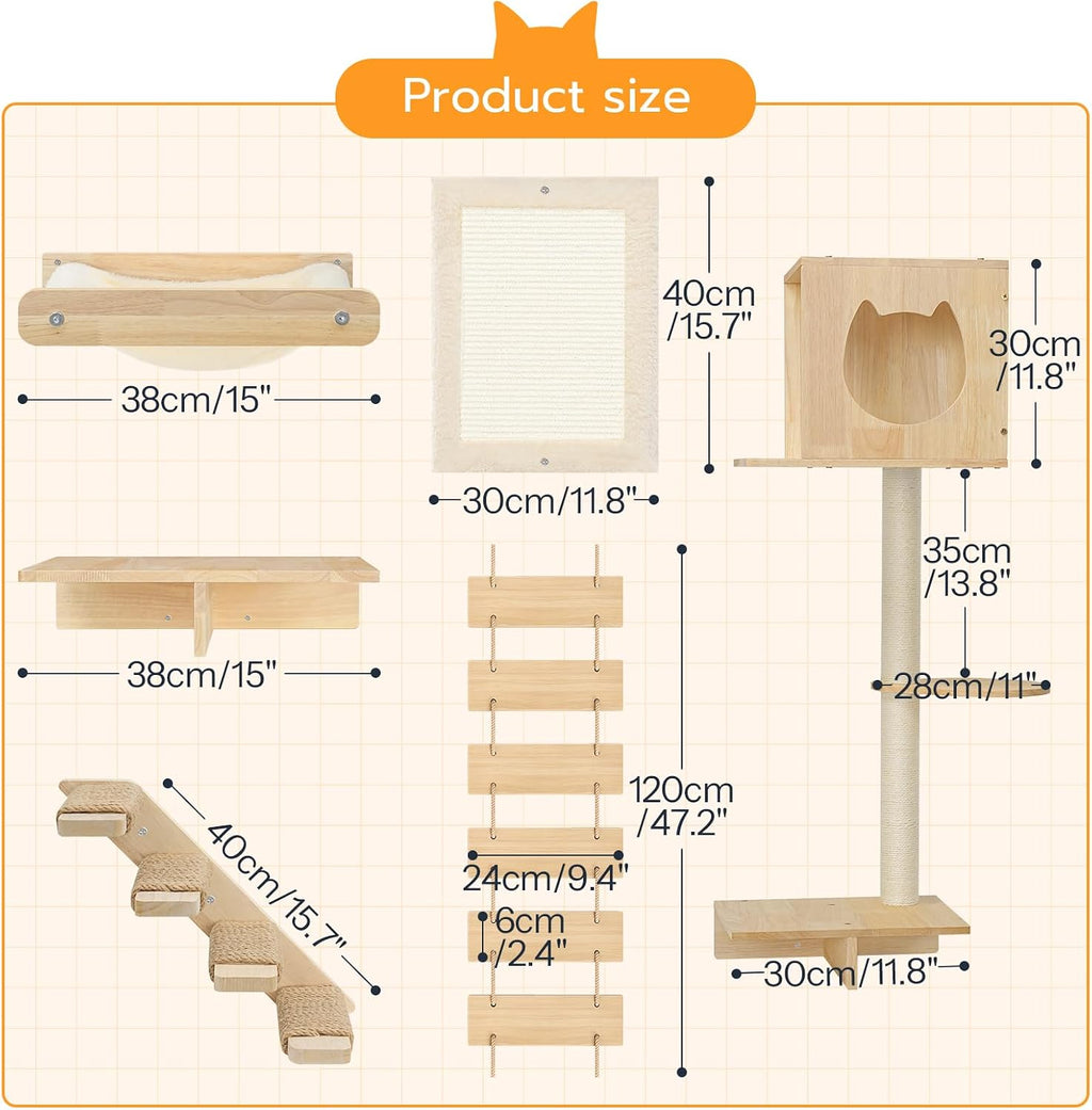 HOOBRO Wood Cat Wall Shelves, Set of 5 Modern Cat Wall Furniture with Corridor, Plush Hammock, Steps, Scratcher and Climbing Shelves for Playing, Sturdy, Durable and Safe, Natural NL45CS03