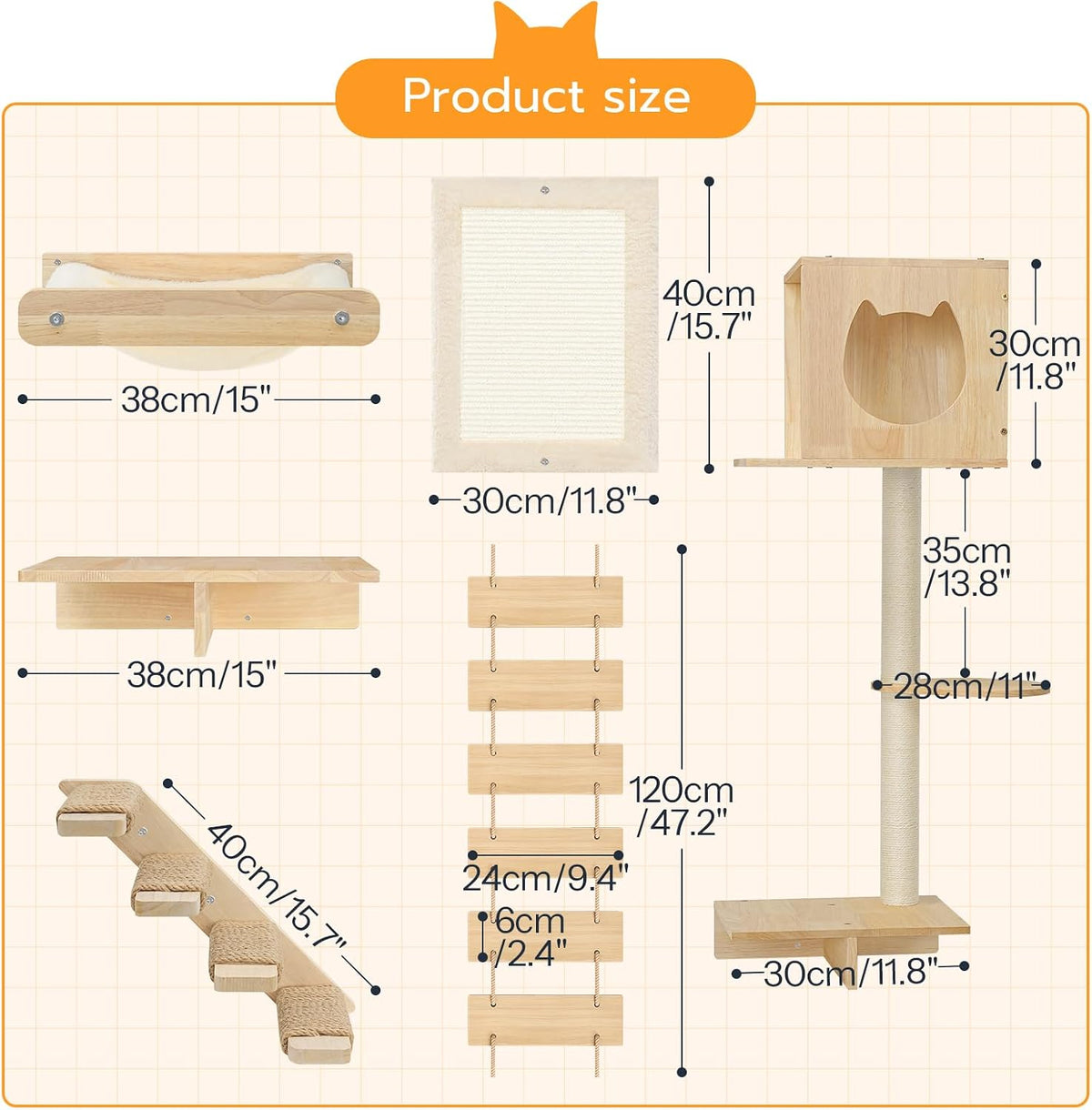 HOOBRO Wood Cat Wall Shelves, Set of 5 Modern Cat Wall Furniture with Corridor, Plush Hammock, Steps, Scratcher and Climbing Shelves for Playing, Sturdy, Durable and Safe, Natural NL45CS03