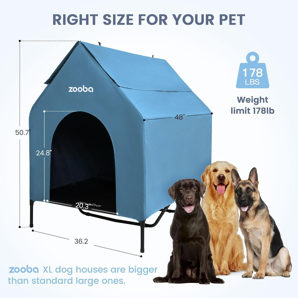 Zooba 48in XL Dog House Outdoor, Elevated Dog Bed with Canopy, Blue