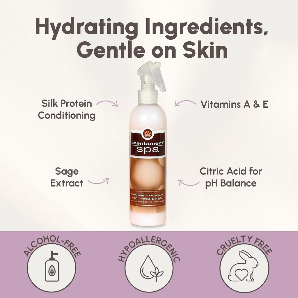 Best Shot Scentament Spa Botanical Body Splash, Detangler Spray, Hypoallergenic Body Spray for Cat, Dog, Warm Vanilla Sugar, 8 Oz.