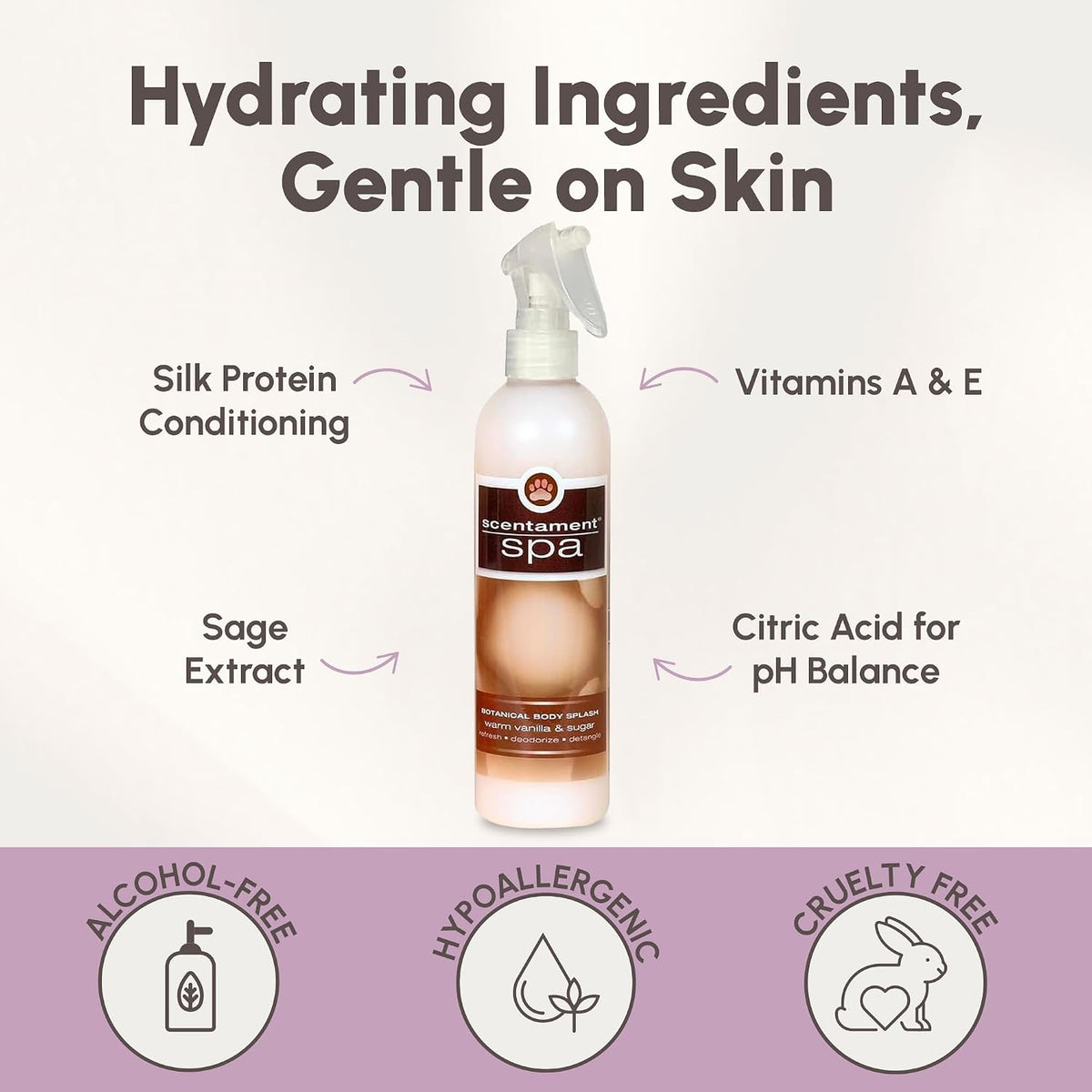 Best Shot Scentament Spa Botanical Body Splash, Detangler Spray, Hypoallergenic Body Spray for Cat, Dog, Warm Vanilla Sugar, 8 Oz.