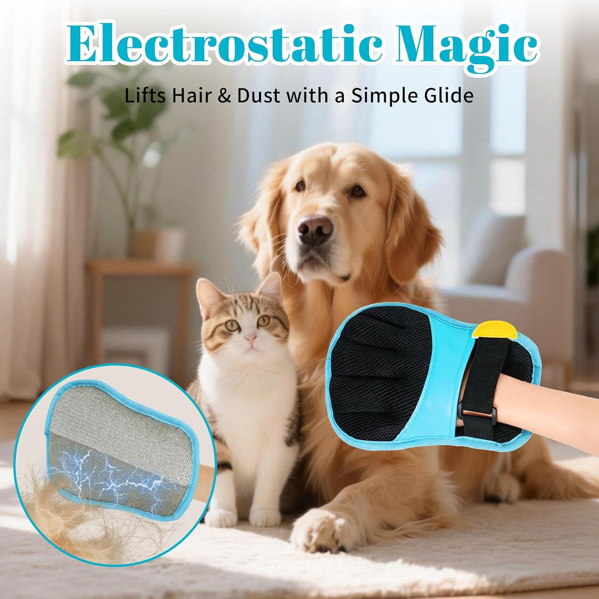Pet Hair Removal Gloves, Blue and Black Colors, Static Hair Removal, Adjustable Strap, Reusable for Clothing, Sofa, Car Seat, Set of 2