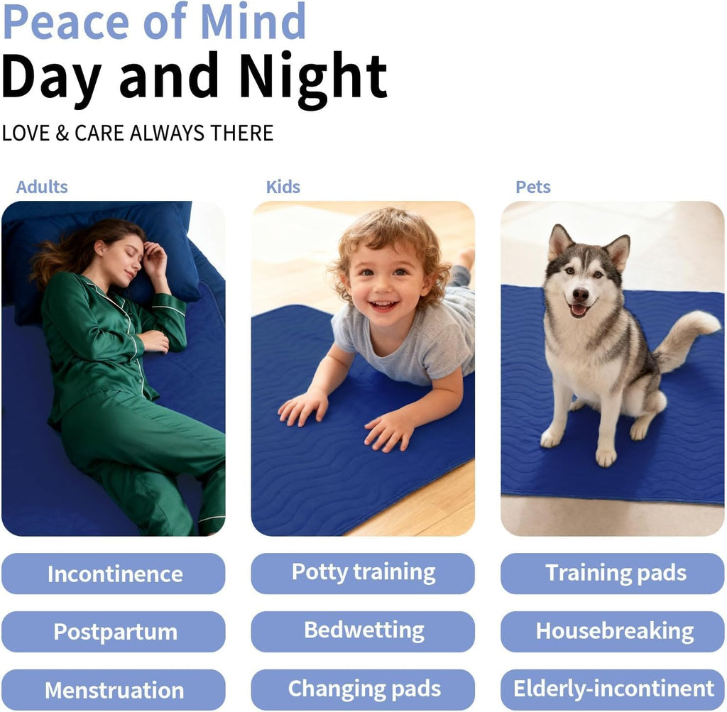 Accompagner Incontinence Bed Pads Washable Waterproof, Ultra-Absorbent Reusable Underpads for Diaper Changing, Nursing, Bedridden, Adults, Seniors, Kids and Dogs (Navy, 24"x24"(Pack of 4))