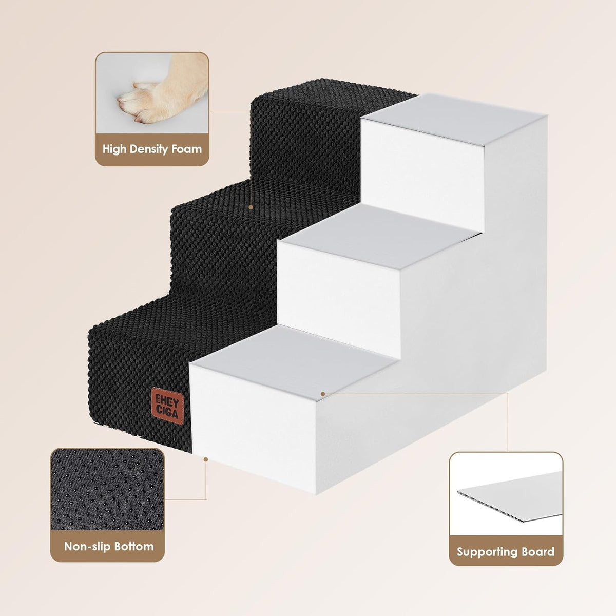 EHEYCIGA Dog Stairs for Small Dogs 13.5" H, 3-Step Dog Steps for Cats, Black