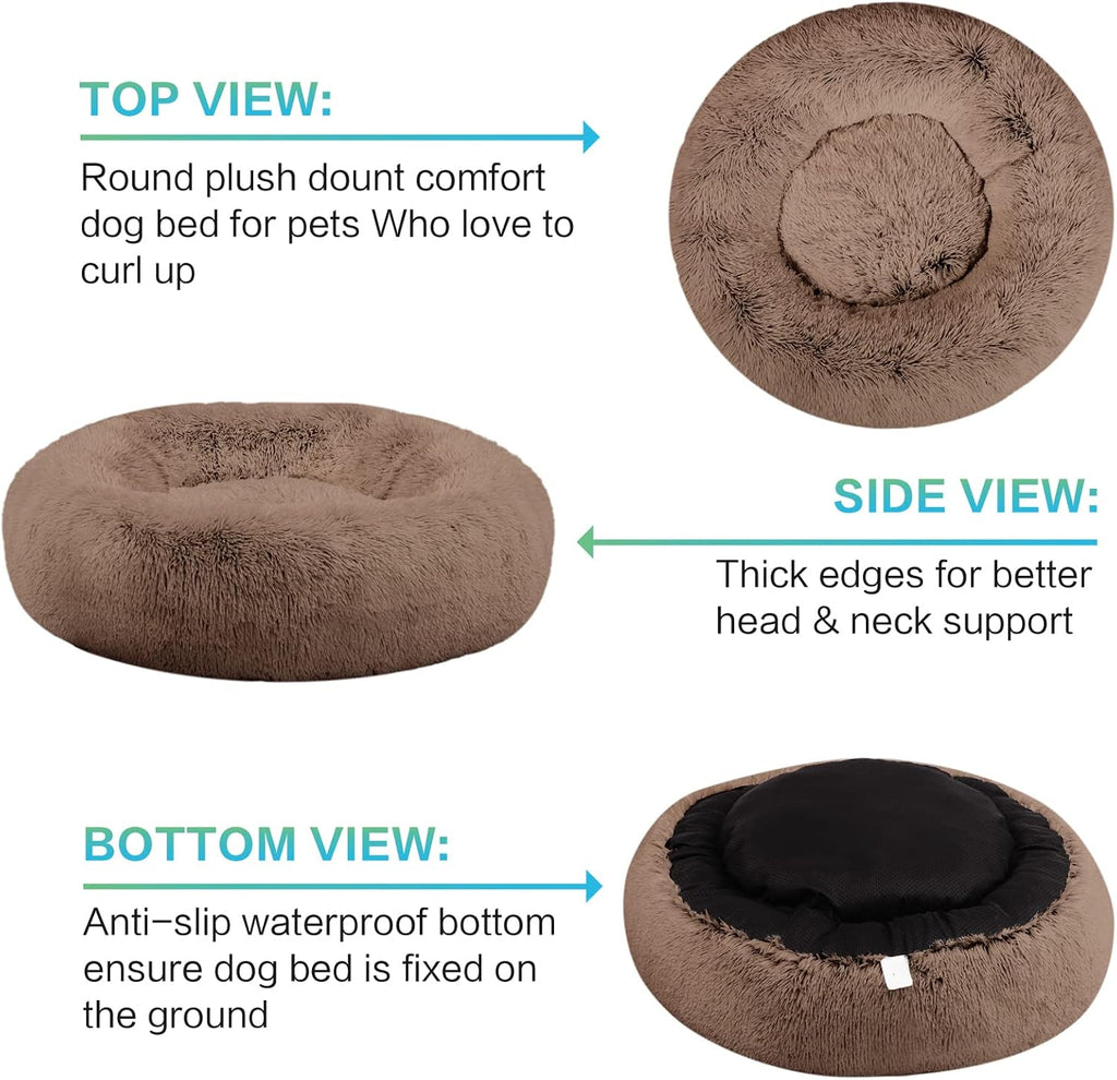 SAVFOX 30 inches Calming Donut Dog Bed - 3X Durable Plush Faux Fur, Machine Washable & Non-Slip, Fits up to 45 lbs, Brown