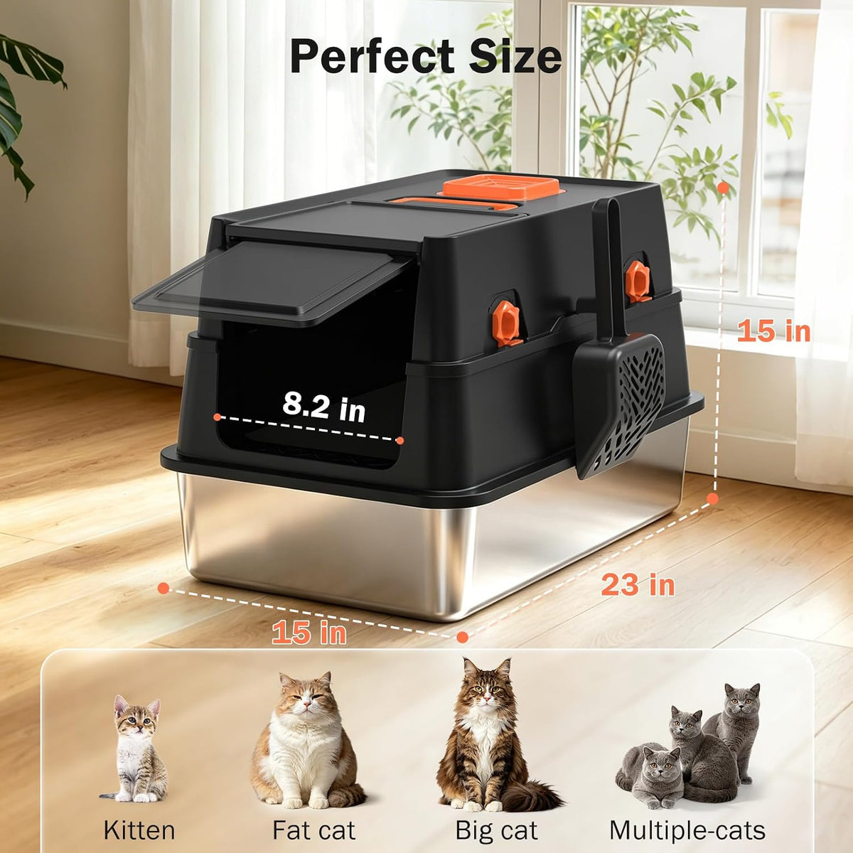 Stainless Steel Litter Box with Lid, Enclosed Metal Cat Litter Box with 120° Flip-Top & Built-in Handle, Easy Clean High-Sided Cat Pan with Cat Scoop Holder for Odor Control,Leak-Proof,Black