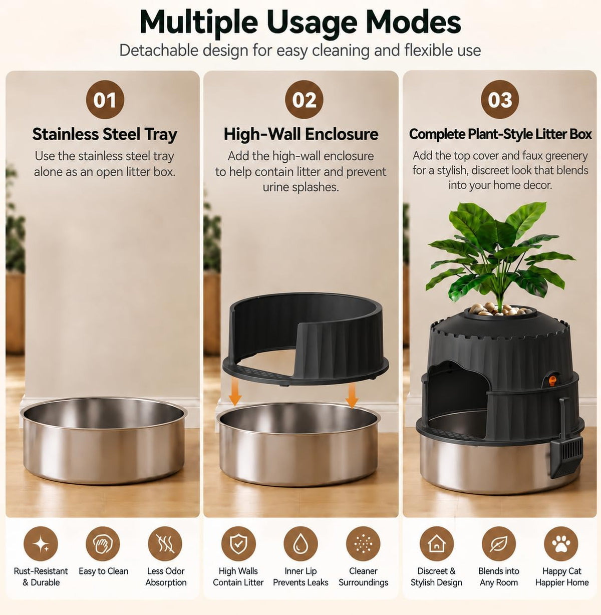 Hidden cat Litter Box Featuring a Stainless Steel Tray, Faux Greenery, an Activated Carbon Packet, and a Scoop; Plant-Style Litter Box Furniture; Includes a Free Litter mat
