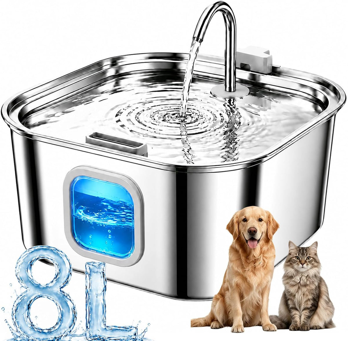 Dog Water Fountain for Large Dogs, 8L/270oz Stainless Steel Dog Bowl