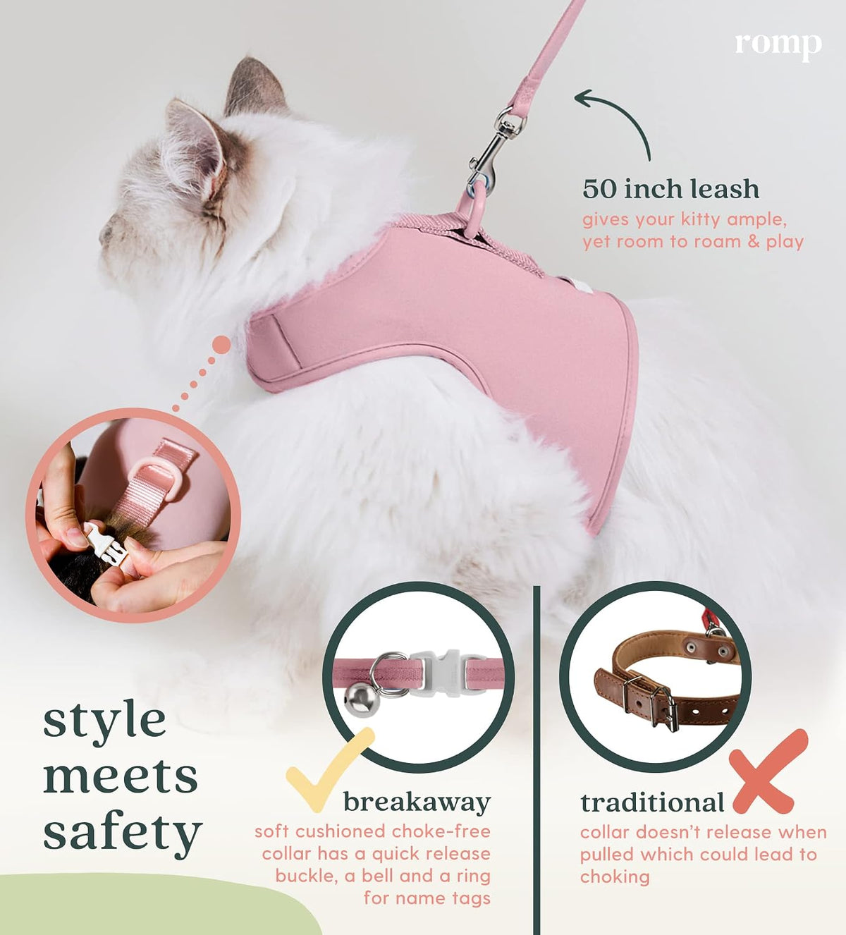 Cat Harness, Collar & Leash Set - Escape Proof Adjustable Choke Free Velcro Harness Vest for Walking Cats & Kittens (Powder Pink, Small)