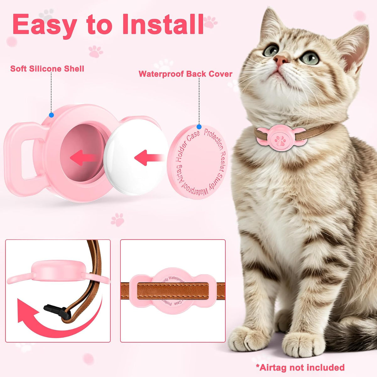 Airtag Dog Collar Holder for Cat or Small Dog, Waterproof, 1 Pack Pink
