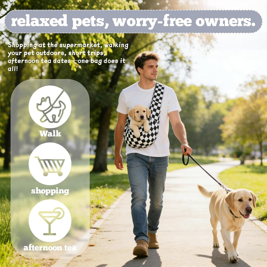 Dog Sling Carrier for Small Dogs and Cats 5–16 lbs, Puppy Carrier Sling with Safety Hook and Storage Pocket, Hands Free Pet Carrier Purse for Travel, Walking, Shopping (Ebony Check)