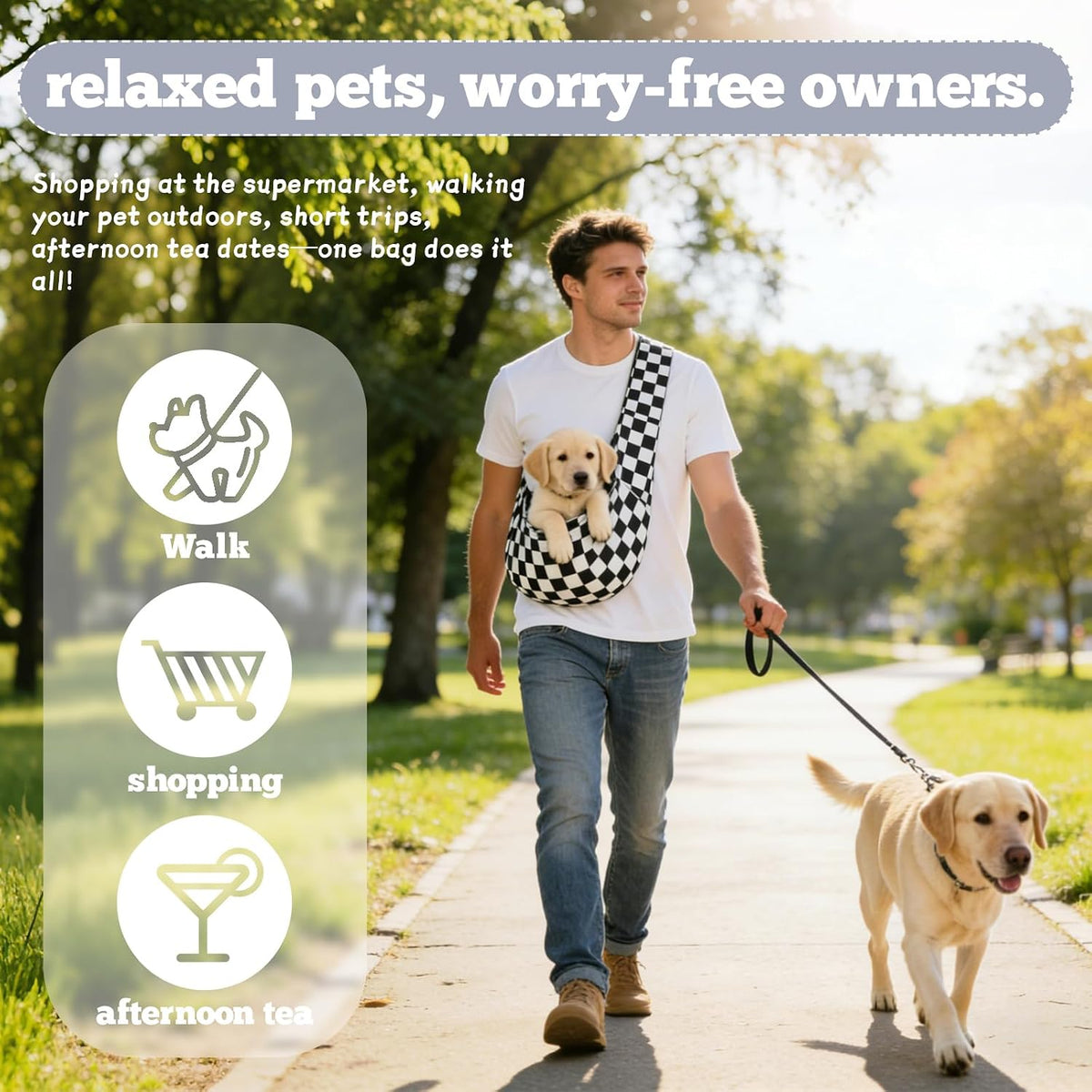 Dog Sling Carrier for Small Dogs and Cats 5–16 lbs, Puppy Carrier Sling with Safety Hook and Storage Pocket, Hands Free Pet Carrier Purse for Travel, Walking, Shopping (Ebony Check)
