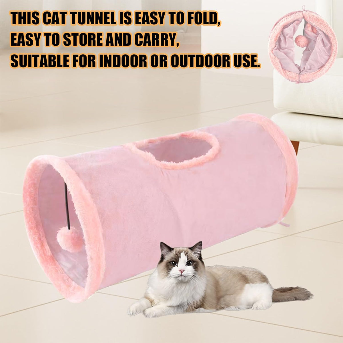 Cat Tunnel,Indoor Cat Play Tube Toys with Play Ball,Durable Collapsible Rabbit Hideaway Tunnel for Kitten,Bunny, Guinea Pig, Rat, Hamster, Ferret, Chinchilla (Pink)