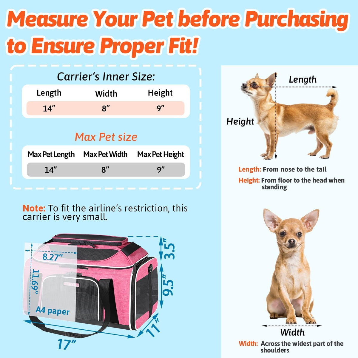 Petskd Top-Expandable Small Pet Carrier 17"x11"x9.5" Airline Approved