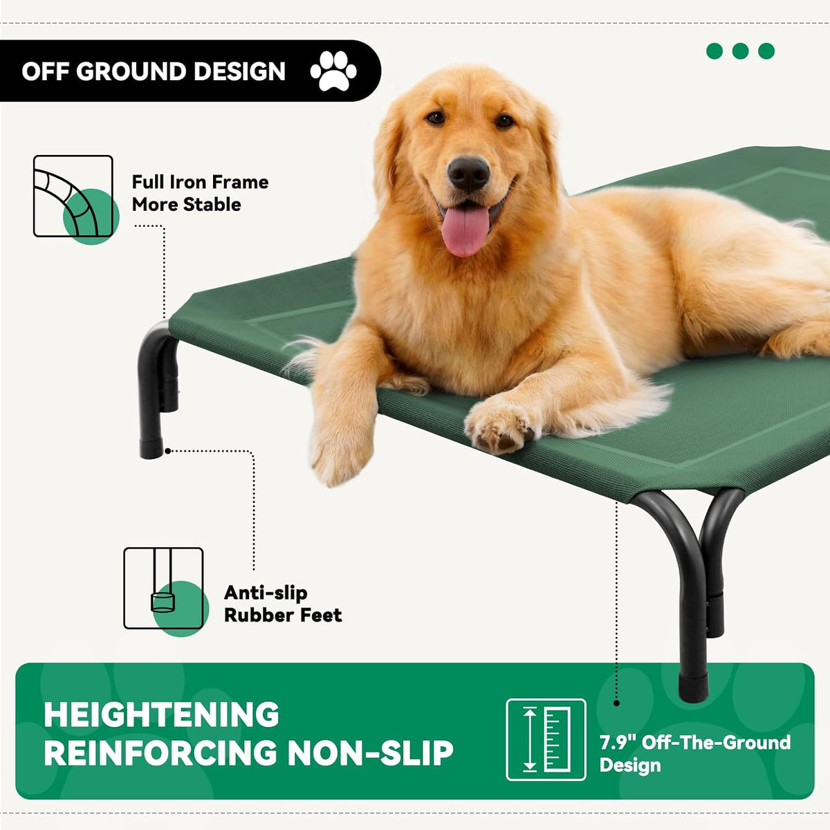 Elevated Dog Bed Outdoor Cooling Raised Cot for XL Dogs, Green 53.9in
