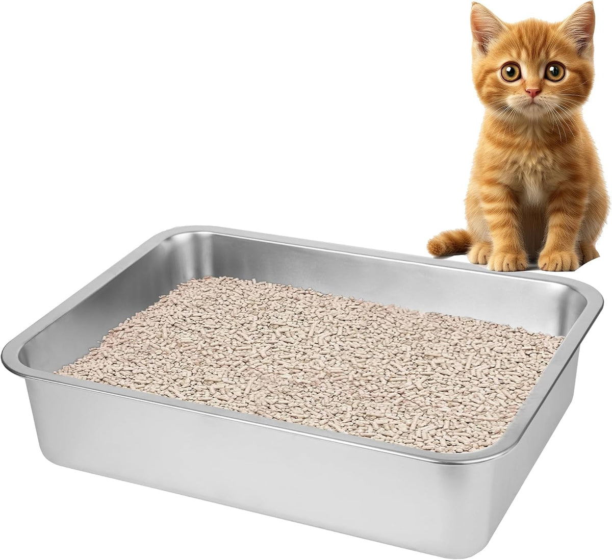 Stainless Steel Cat Litter Box for Big Cats,Small Stainless Steel,Large Metal Cat Litter Box-Easy to Clean.(17.5" L x 13.6" W x 4.1" H).