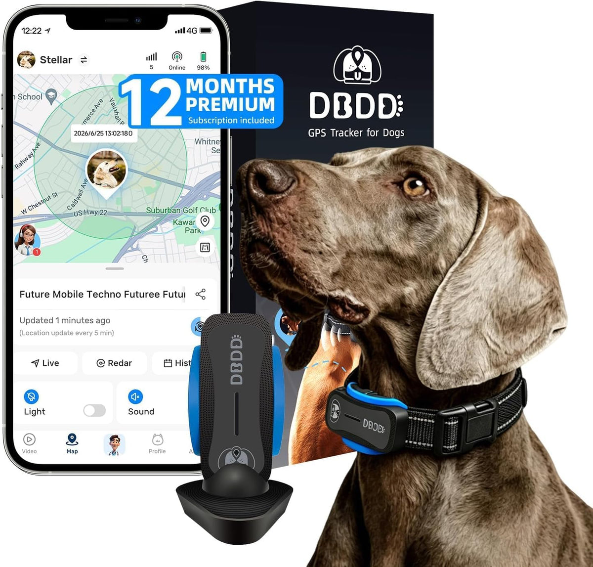 DBDD GPS Dog Trackers, 12 Mon Sub, Real-Time Loc, E-Fence, Health Monitor