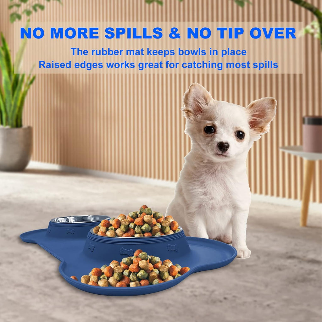 AsFrost Dog Food Bowls Stainless Steel Dog Food and Water Bowl Set, Dog Bowls No Spill Non Slip Silicone Mat, Dog Dishes for Small Medium Size Dogs Cat Puppy Pet Food Feeding Bowls, Blue, 12oz 