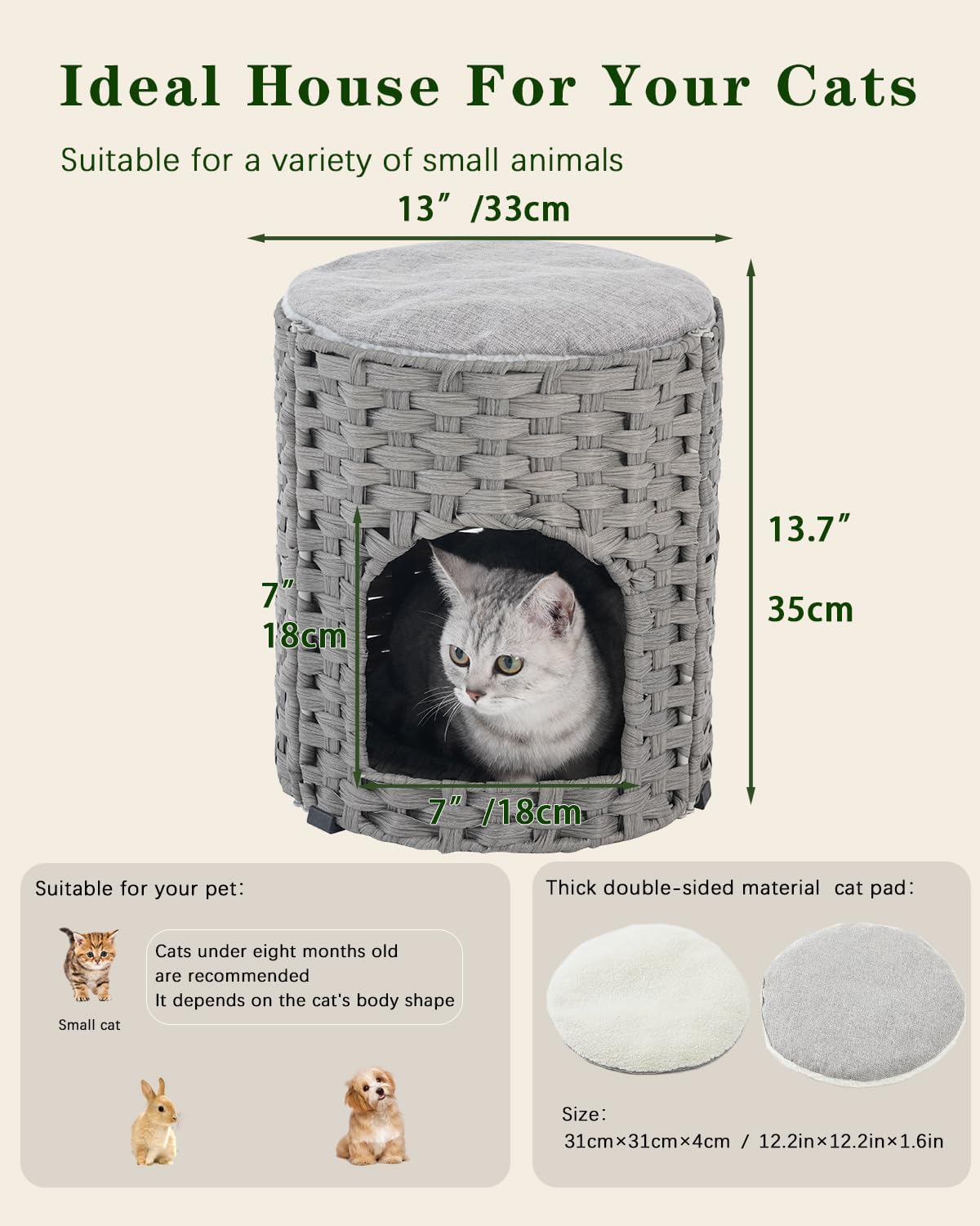 SETVSON Cat House for Indoor Cat, Small Handwoven PE Rattan Cave, Gray