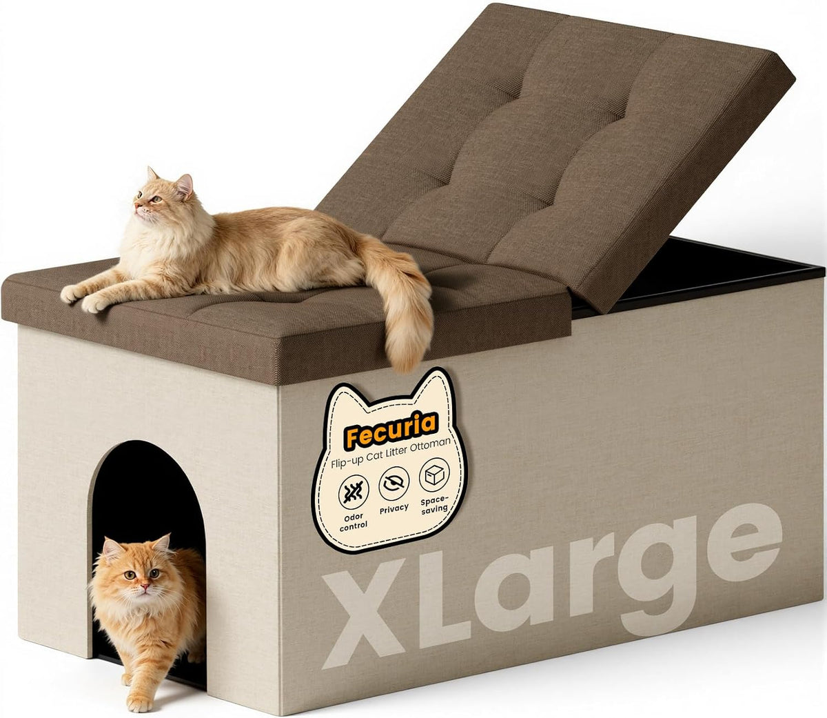 3-in-1 Cat Litter Box Enclosure, X-Large, Beige+Brown Lid