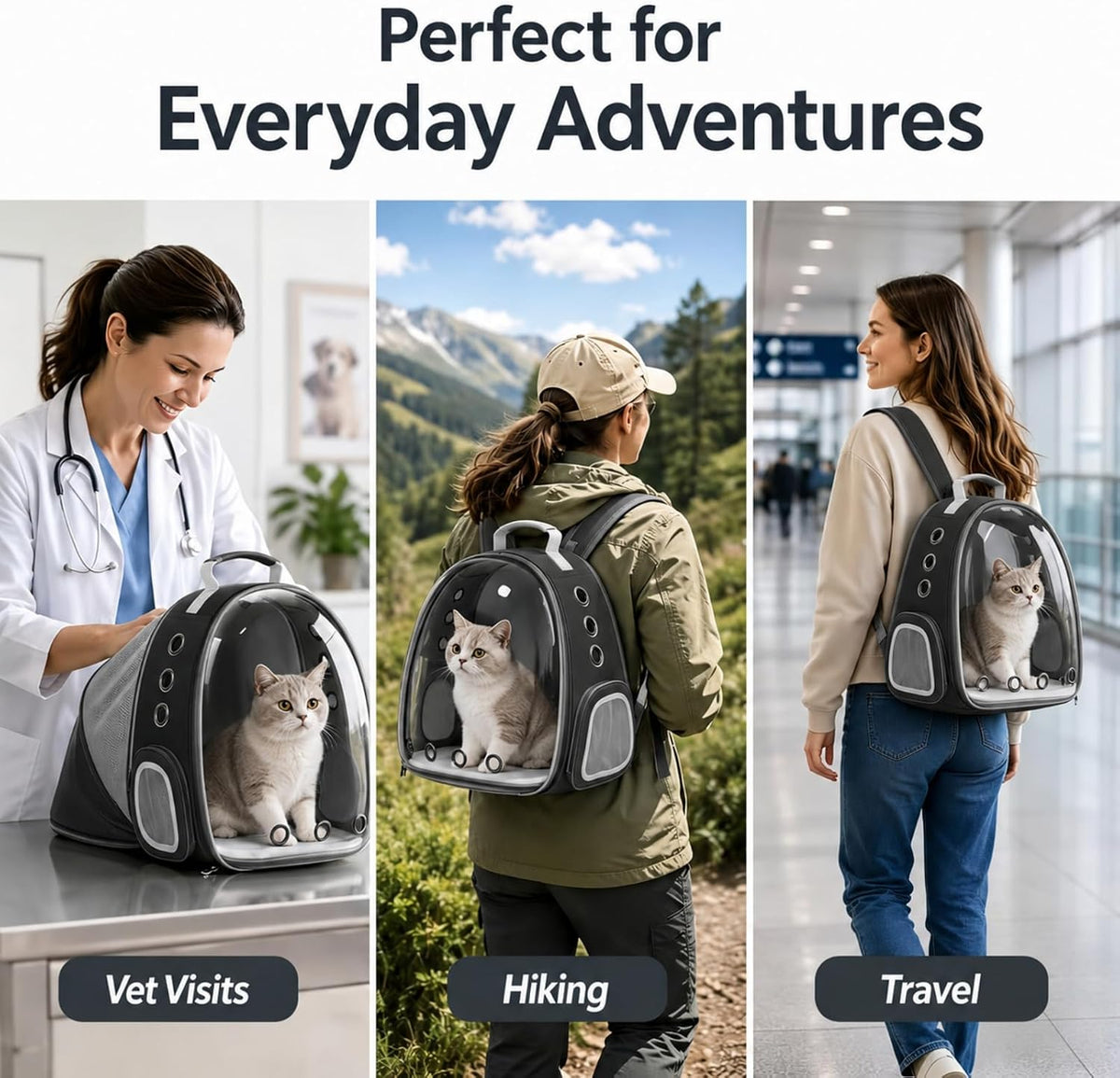 Expandable Cat Carrier Backpack with Bubble Window and Mesh, Black