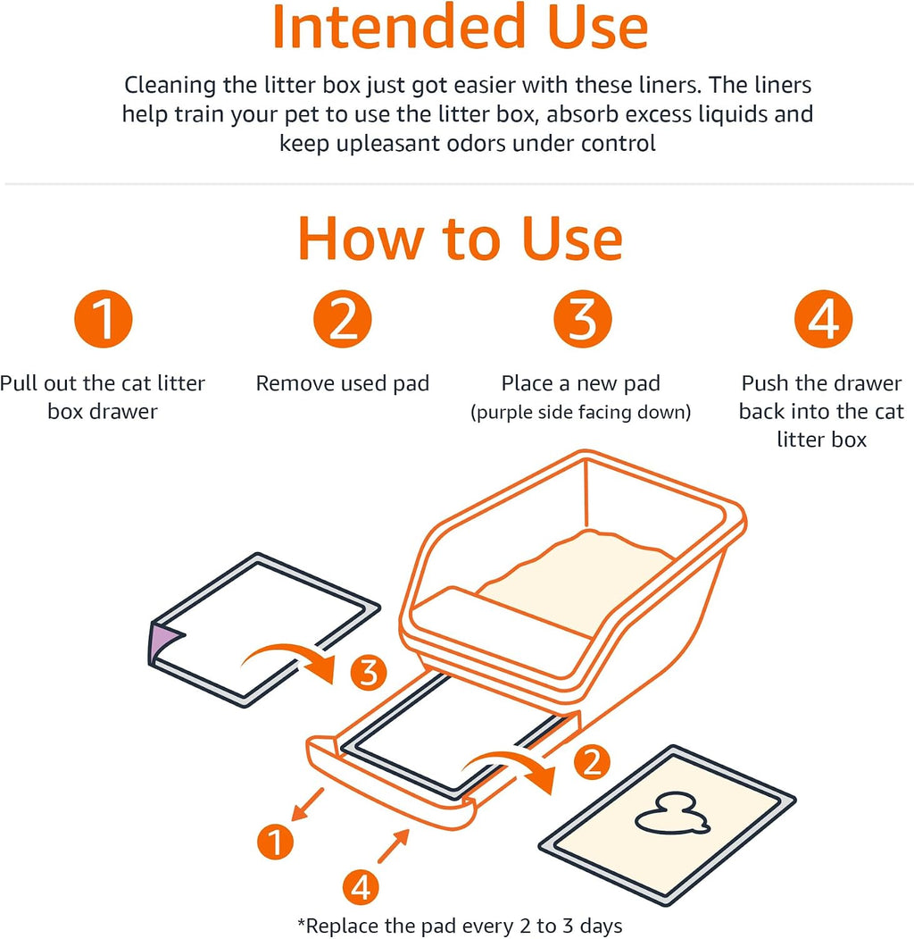 Amazon Basics Cat Pee Pads, Super Absorbent, Odor Control with Fresh Scent, Universal Fit for Litter Box, Multi Cat, Disposable, White/Purple, 100 Count