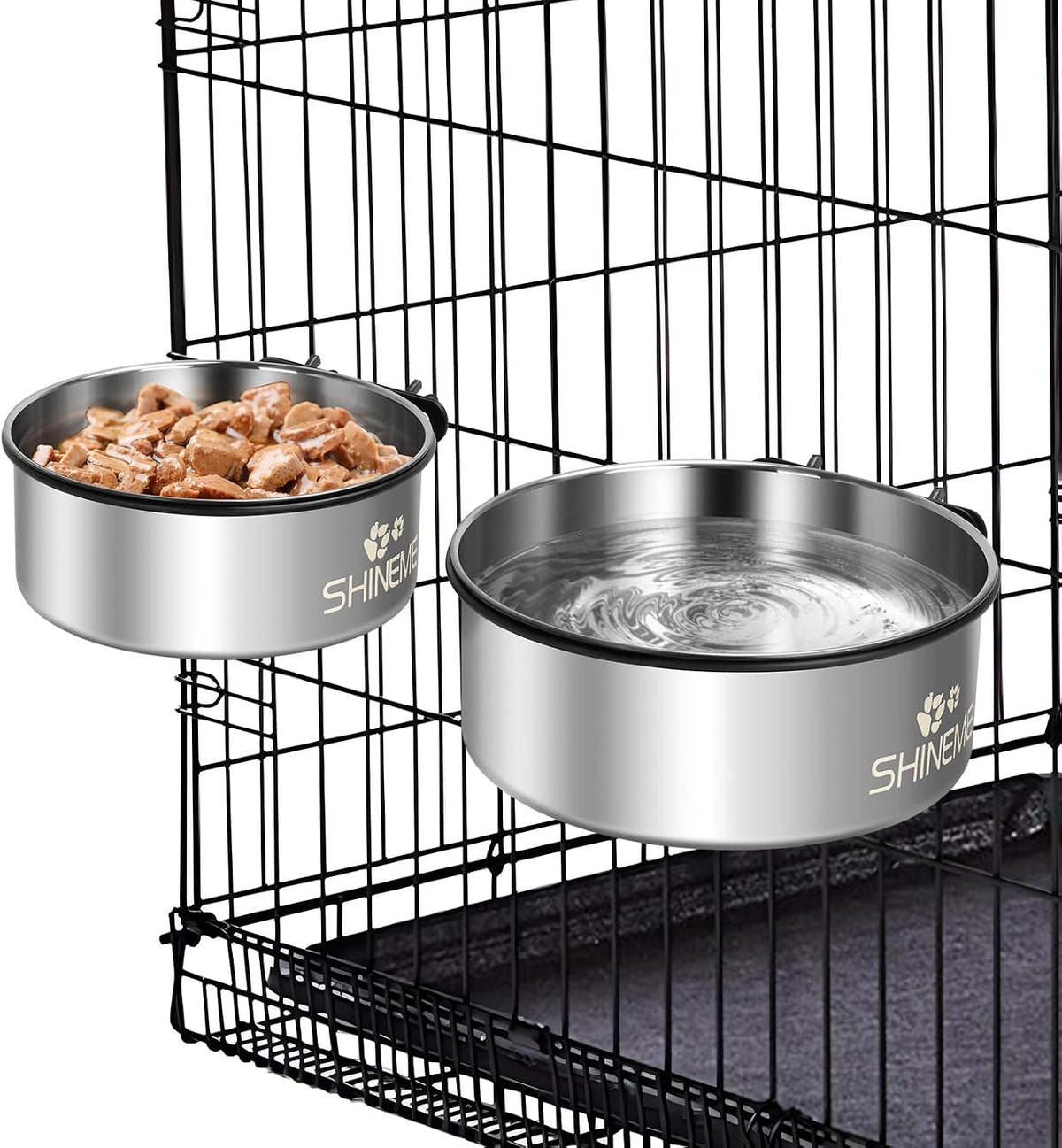 Kennel Bowls Mountable in Crate Kennel Cage (6.2x2.6” & 5.5x2.4”) | 34oz & 25oz Stainless Steel Dogs Bowls, Dog Food and Water Bowl for Dog Crate, 2 Pack, Silver