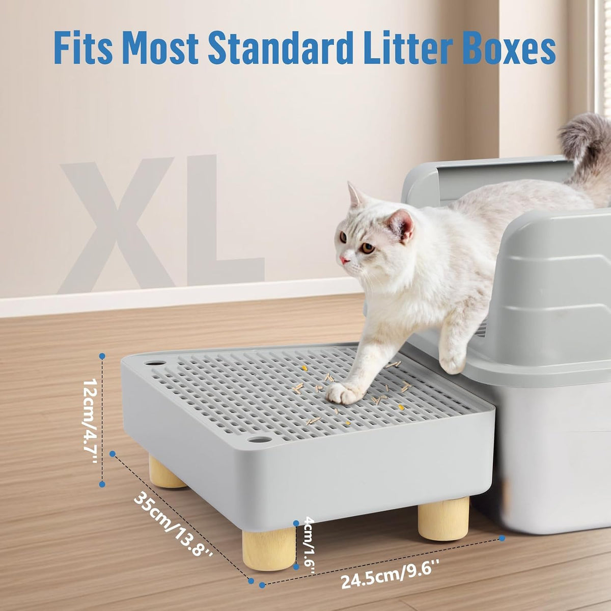 Extra Large Cat Litter Box Step Ramp, Cat's Litter Catcher Mat with Wooden Feet, Filter Function, Pedal Stool for Self-Cleaning Cat Litter Box, Ideal for Kitten & Elderly Cats (Light Grey)