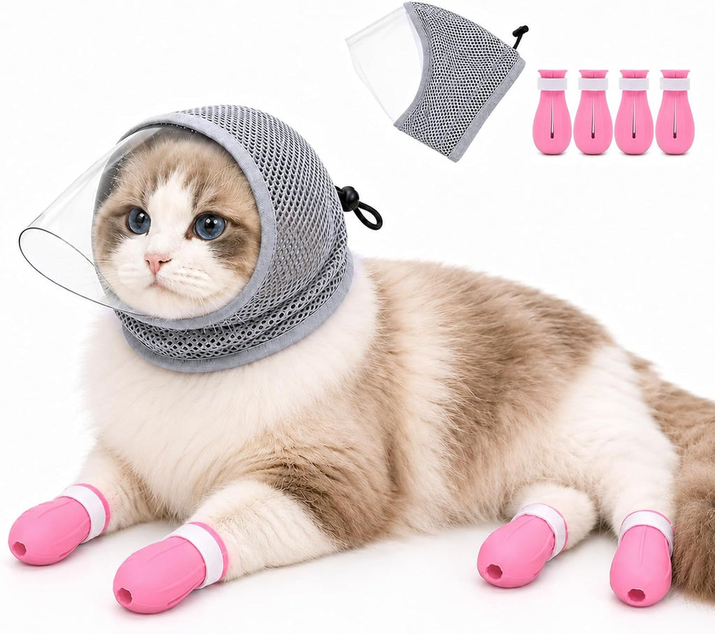 Cat Muzzle for Grooming with 4 Claw Cover, Breathable Cat Helmet for Biting