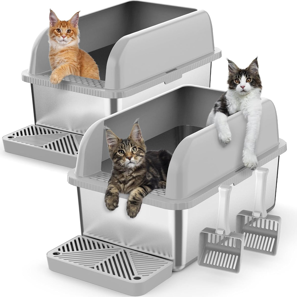 Suzzipaws 2 Pack 8" Deep Enclosed Stainless Steel Litter Box for Multi-Cats | Extra Large Litter Box with High-Sides, Non-Sticky, Easy-Clean, Less Litter Tracking for Big Cats & Multi-Cat Homes
