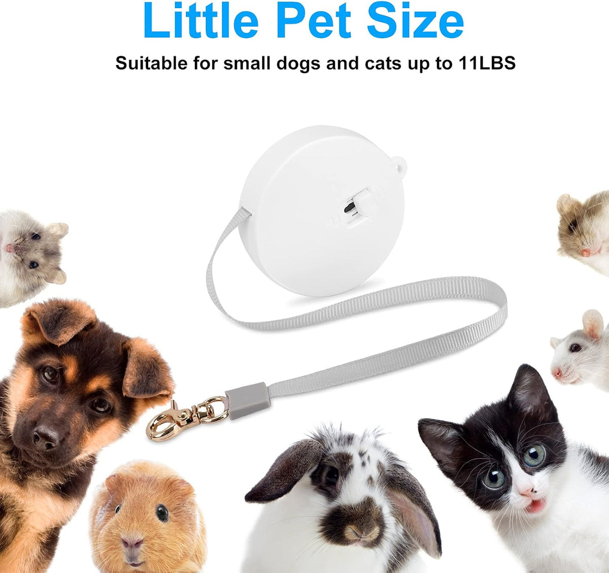 Retractable Dog Leash for Small Dogs Cats up to 11lbs with 6.5ft Anti-Pull Strong Nylon Tape, Hands Free, Mini and Portable Walking Leash with Wrist Strap, One-Hand Brake, White Round