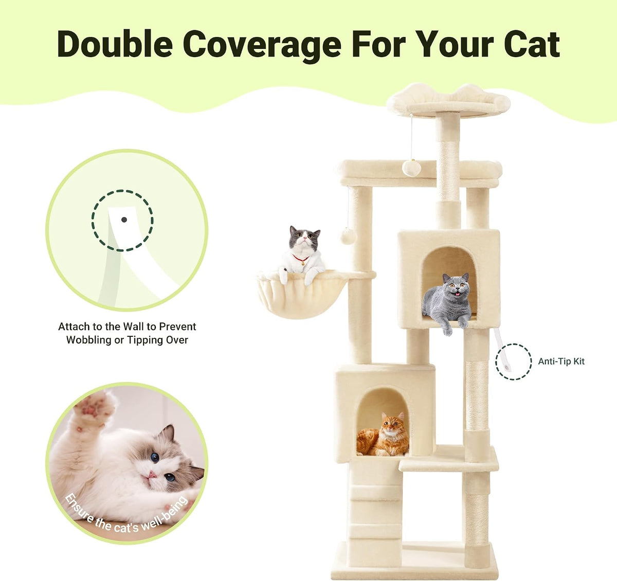 Allewie 64 Inches Multi-Level Cat Tree Tower for Indoor Cats, Beige