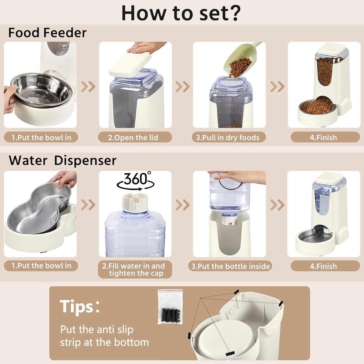 2 Pack Automatic Cat Feeder and Stainless Steel Water Dispenser, Gravity Dog Waterer Set Food Feeder and Waterer Set for Small Medium Kitten Puppy Pets (1 Gallon x 2, Ivory White)