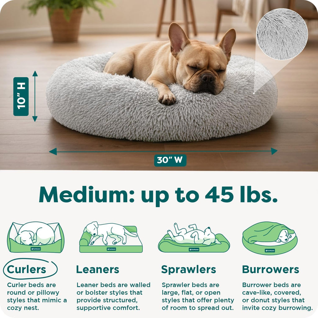 Furhaven 30" Round Calming Donut Dog Bed for Medium/Small Dogs, Refillable w/ Removable Washable Cover, Up to 45 lbs - Shaggy Plush Long Faux Fur Donut Bed -Mist Gray, Medium,30.0"L x 30.0"W x 10.0"Th