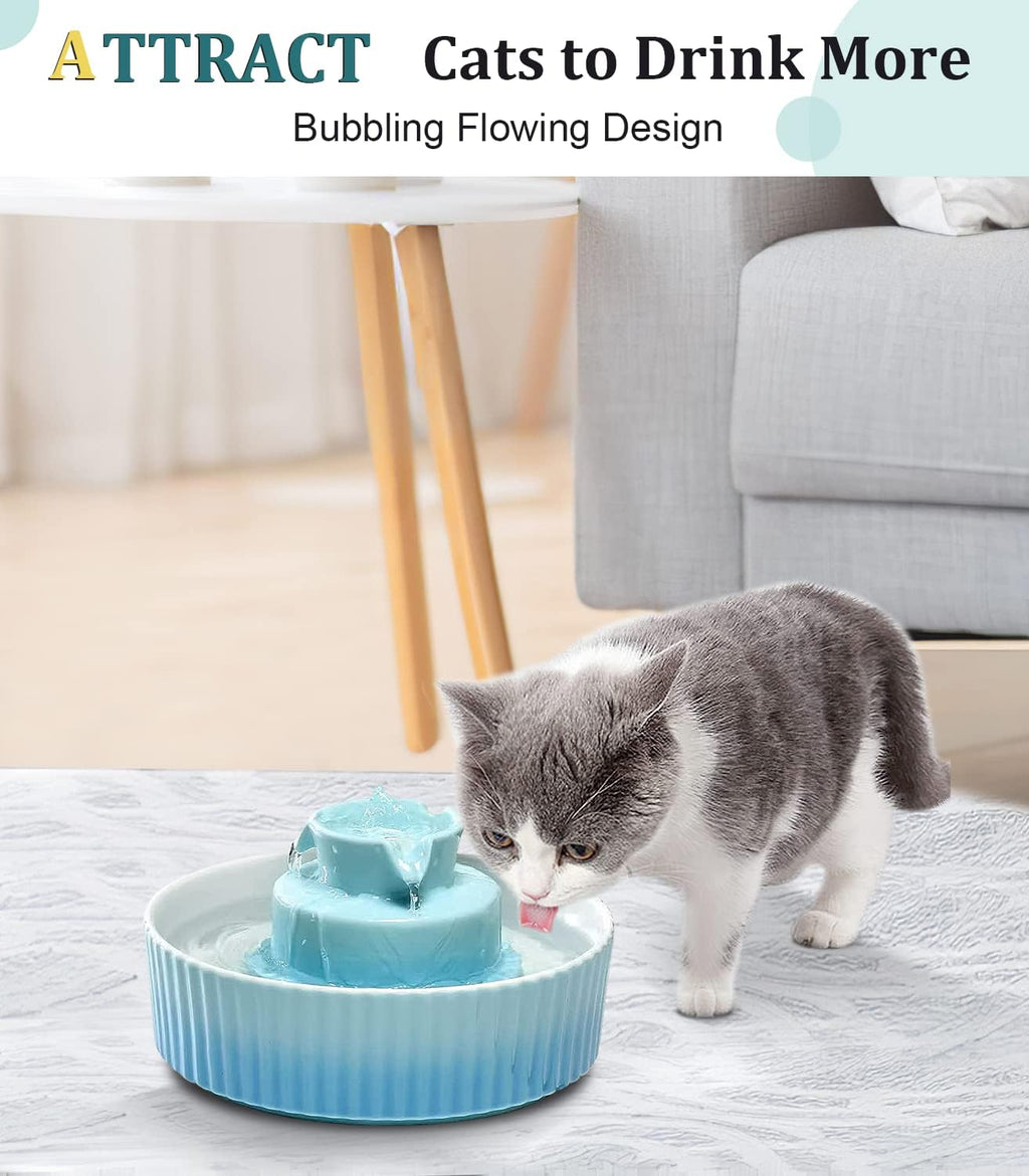 Ceramic Cat Water Fountain, Ceramic Pet Fountain, 2.1 L Drinking Fountains Bowl for Cats and Dogs with Replacement Filters and Foam(Sky Blue)