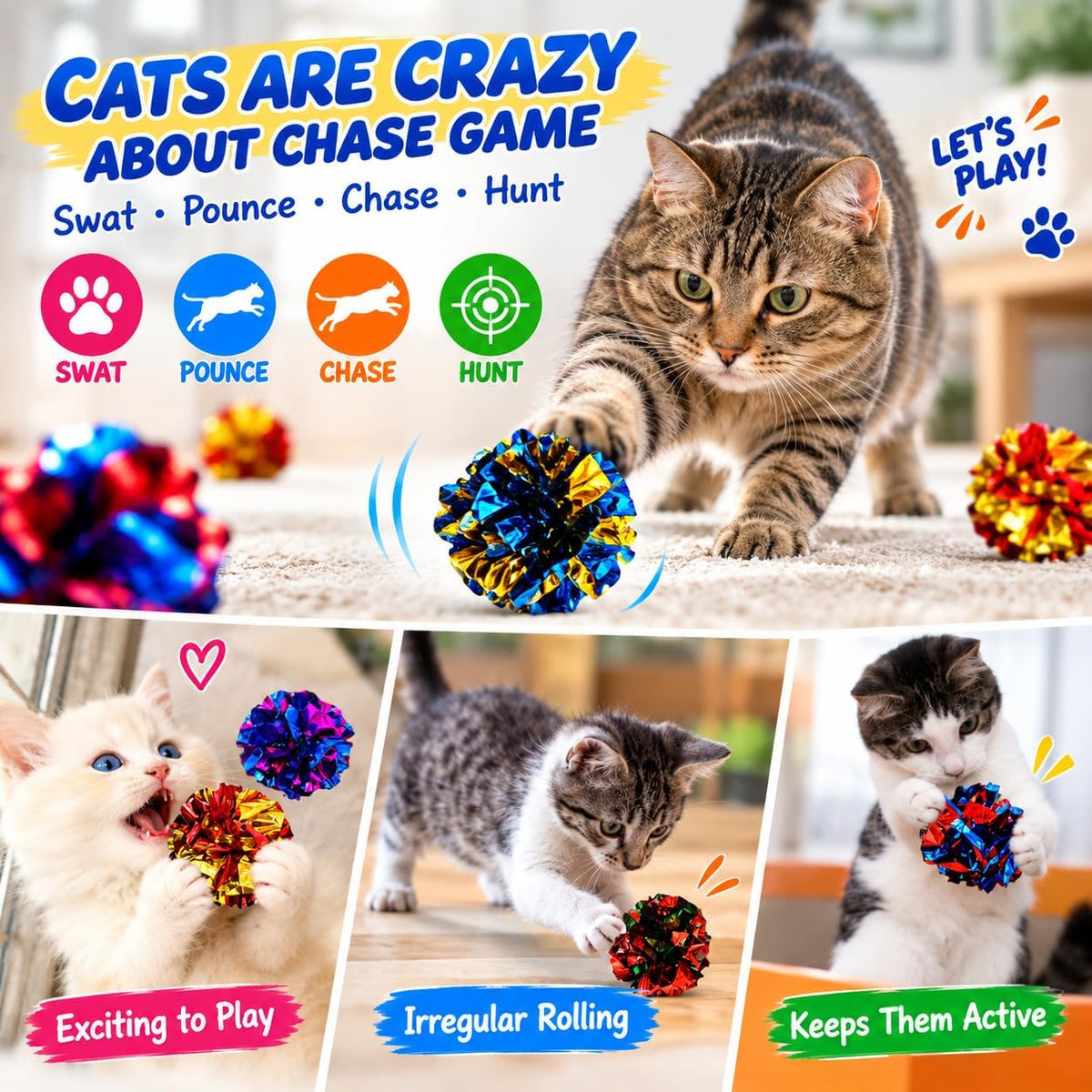 Cat Toys 20 Packs Interactive Crinkle Ball, 2.3 Inch Bright Colors Cat Ball Toys to Attract and Engage Cats, Promote a Healthy Lifestyle for All Breed Sizes Cats