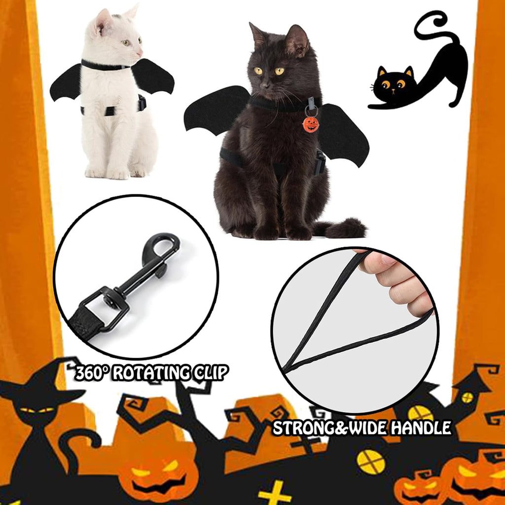 LeLehome Halloween Costume Pet Harness and Leash Set for Cats & Dogs - Cute Bat Wings with Pumpkin Jingle Bell, Adjustable Straps for Kitten, Puppy, Rabbit, Party Cosplay Accessory (S)