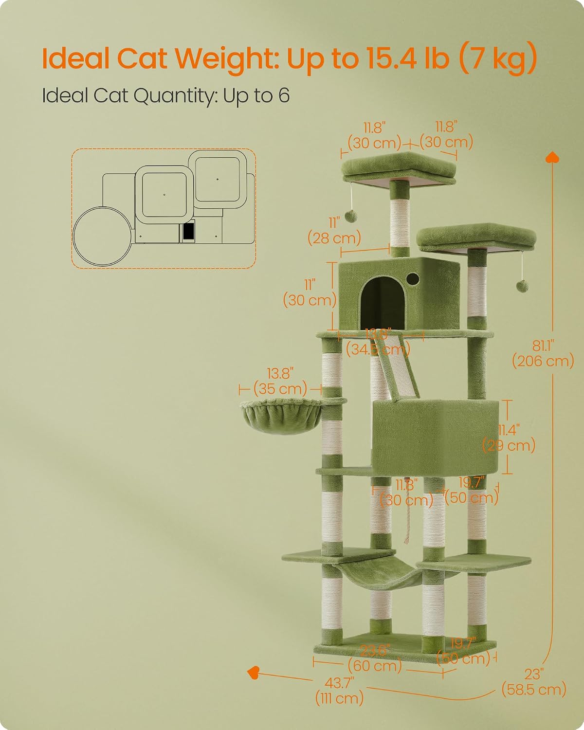 Feandrea Cat Tree, 81.1-Inch Large Cat Tower, Multi-Level Condo, Green